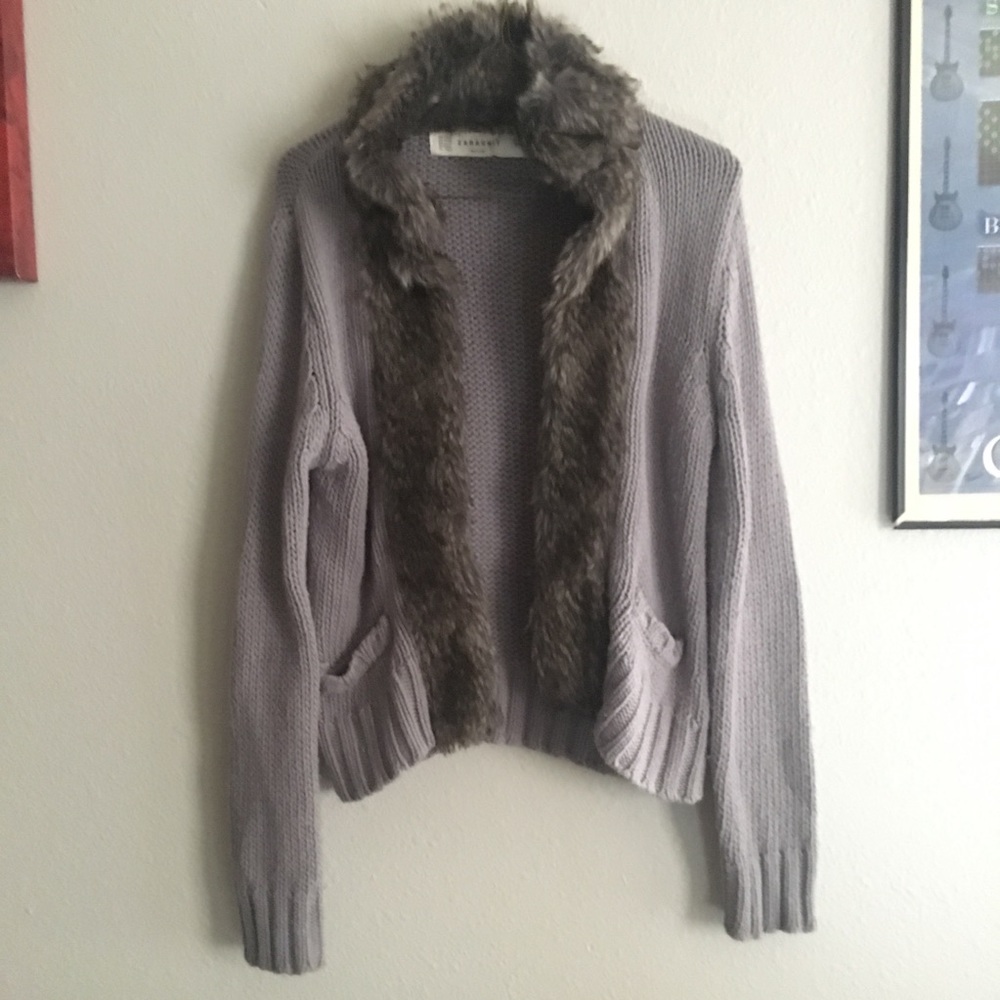 Chunky Grey Zara Knit Open Sweater Cardigan with Faux Vegan Fur - Picture 3 of 8